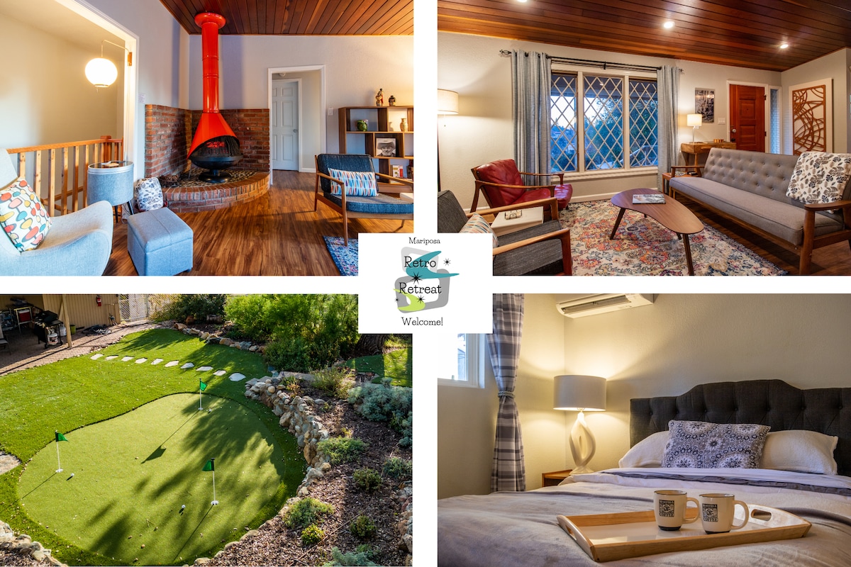 Collage of a living room, yard, and bedroom.